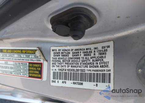 2006 Honda Civic Lx z USA, uszkodzony, nr VIN 1HGFA165X6L081503